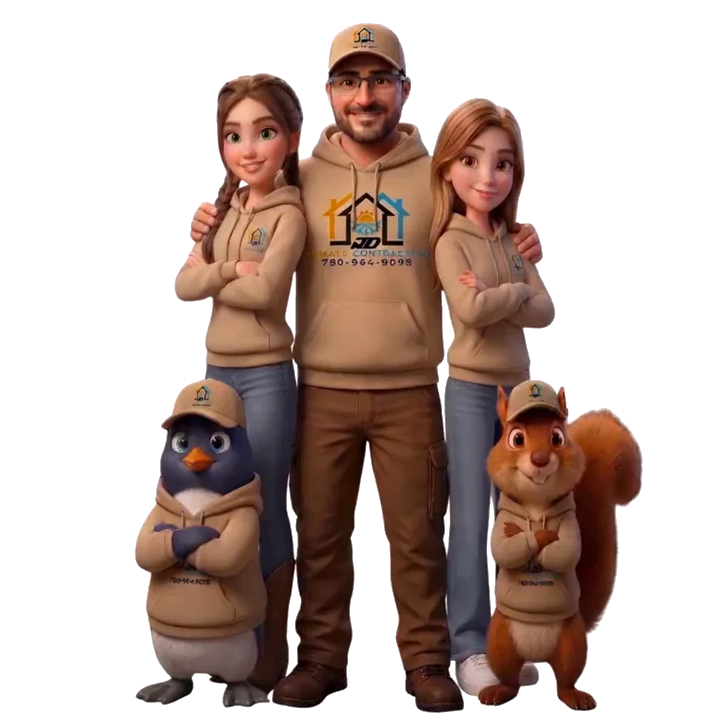 The JD Climate team — JD with daughters Amy and Maélie, plus mascots Blaze and Nix, waving